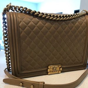 Authentic Chanel Beige Quilted Lambskin Large Boy